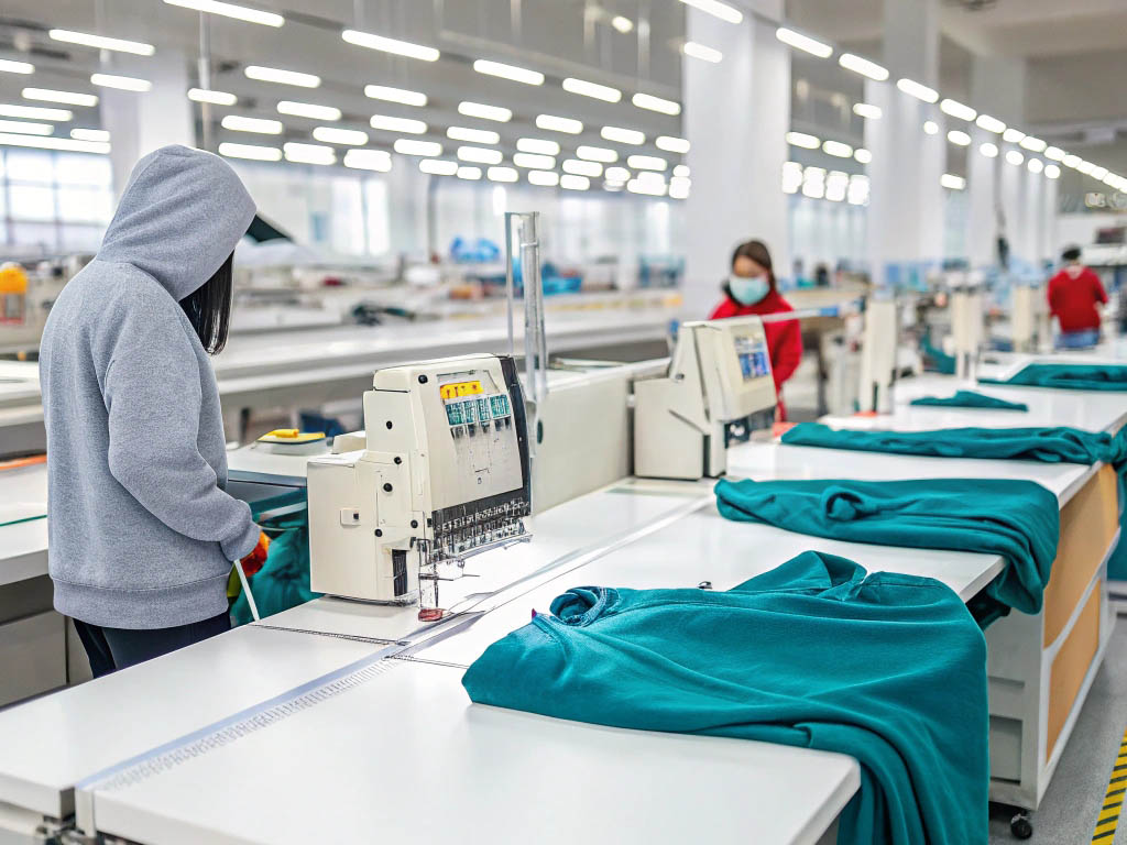 Workers using sewing machines to stitch teal garments in a well-lit, modern clothing manufacturing facility.