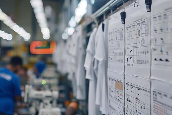 Close-up of production guidelines and white t-shirts in a clothing factory with workers in the background.