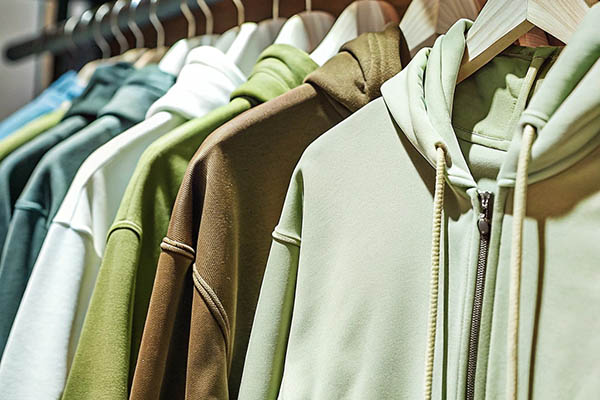 A row of green-toned hoodies, from light sage to deep olive, hanging on wooden hangers.