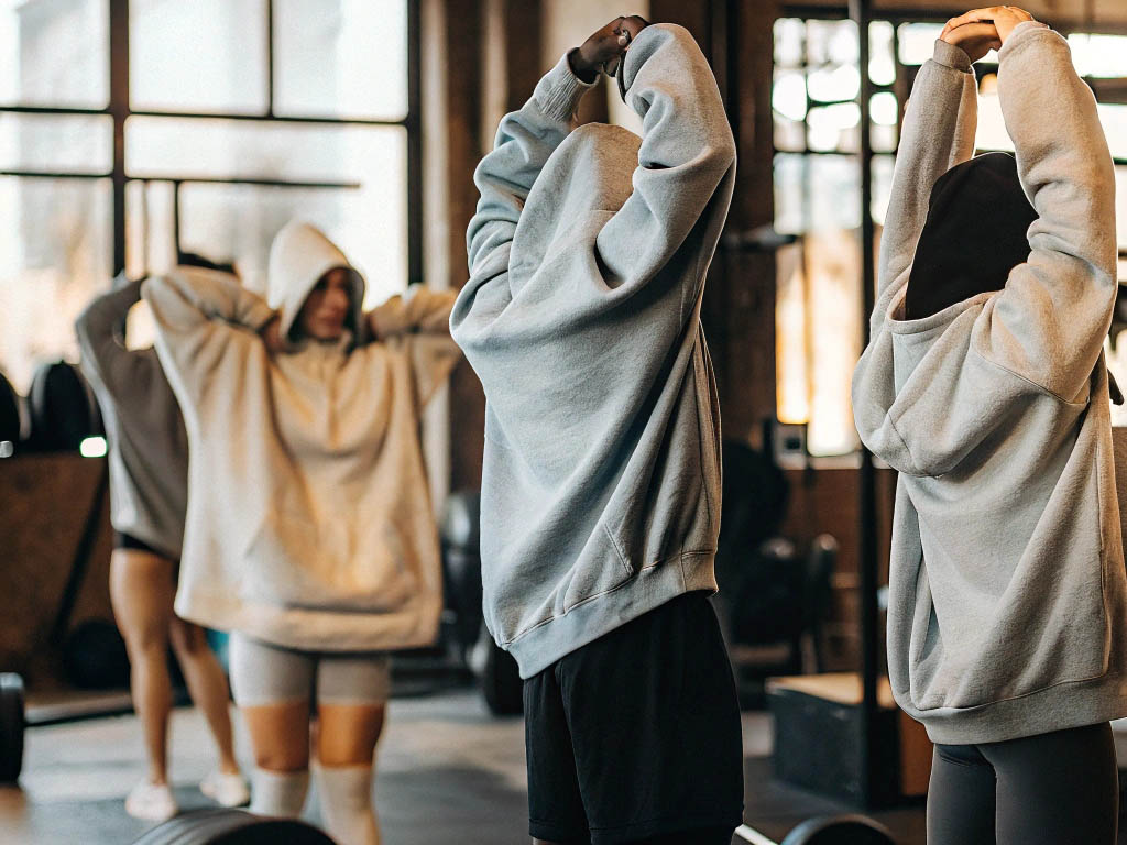 People in gray hoodies stretching together in a gym during a warm-up session.