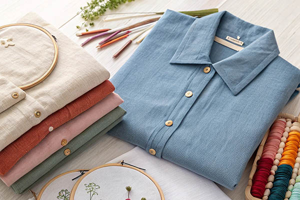 Folded linen shirts in pastel colors with embroidery hoops, colorful threads, and sewing accessories.