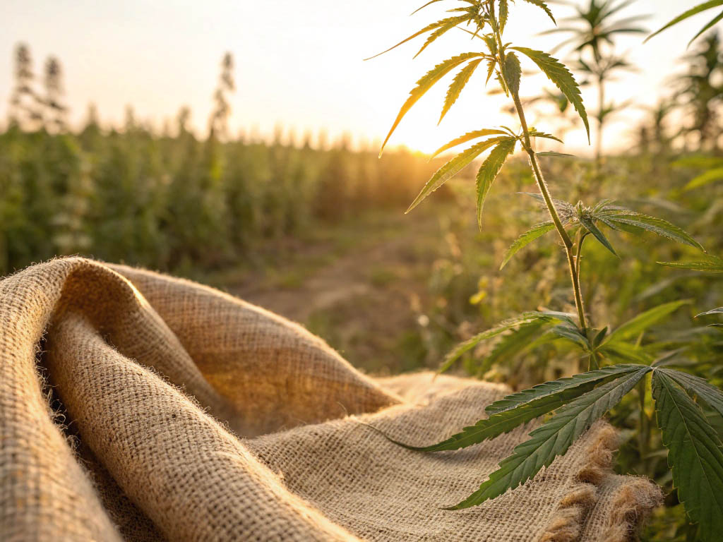 Close-up of hemp fabric with hemp plants in a field at sunset.