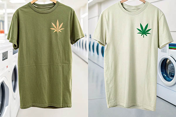 Two hemp t-shirts, one green and one beige, hanging in a laundromat with washing machines.