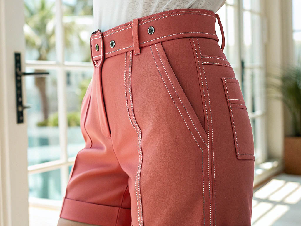 Pink high-waisted shorts with white stitching and pocket details.