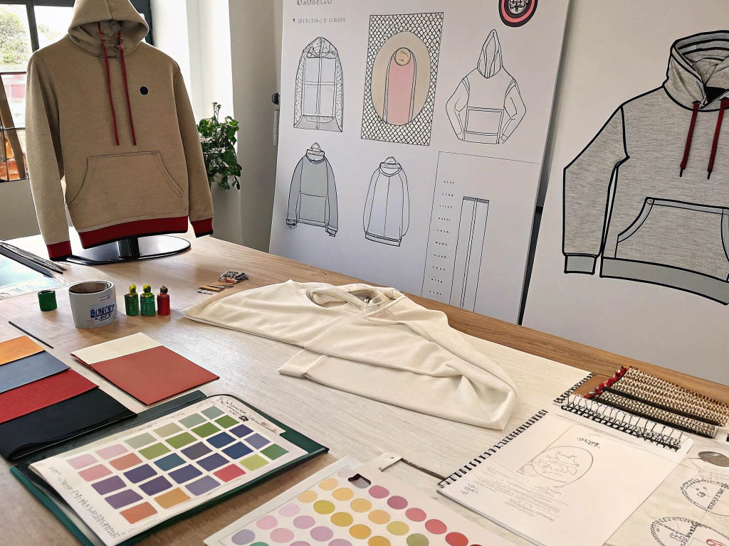 A design studio workspace with hoodie sketches, fabric samples, color palettes, and a finished beige hoodie on display.