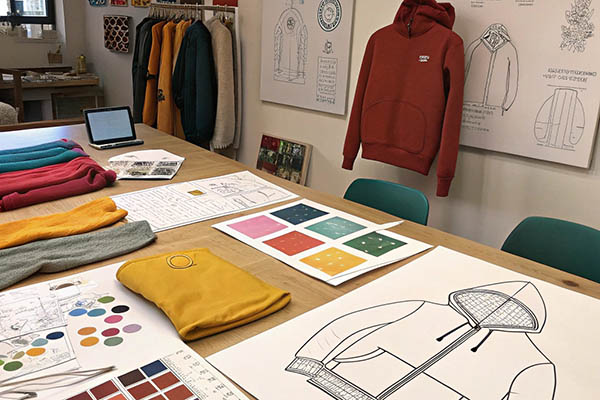 A workshop table with hoodie sketches, color swatches, and fabric samples, with hoodies hanging on the wall.
