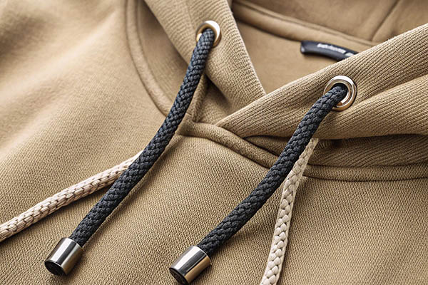 Close-up of a beige hoodie with black and white braided drawstrings and metal aglets.