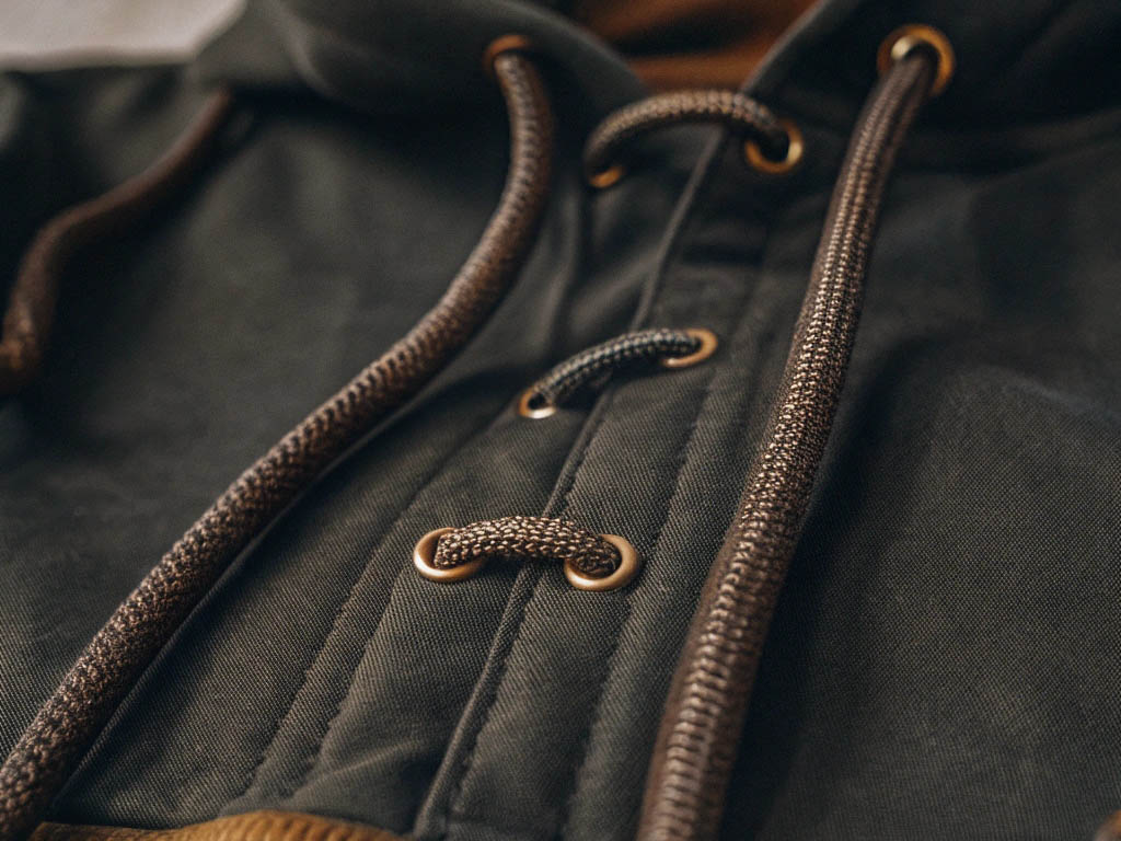 Close-up of a dark green hoodie with brown braided drawstrings and metal eyelets.