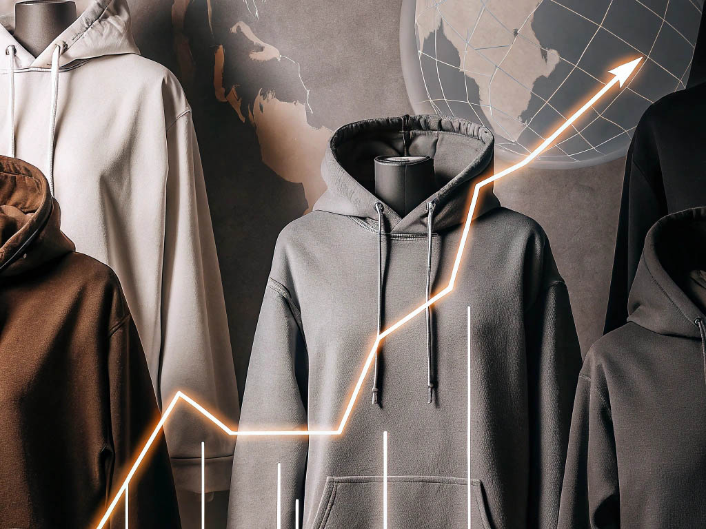 Display of hoodies on mannequins with an upward-trending graph and a world map in the background.