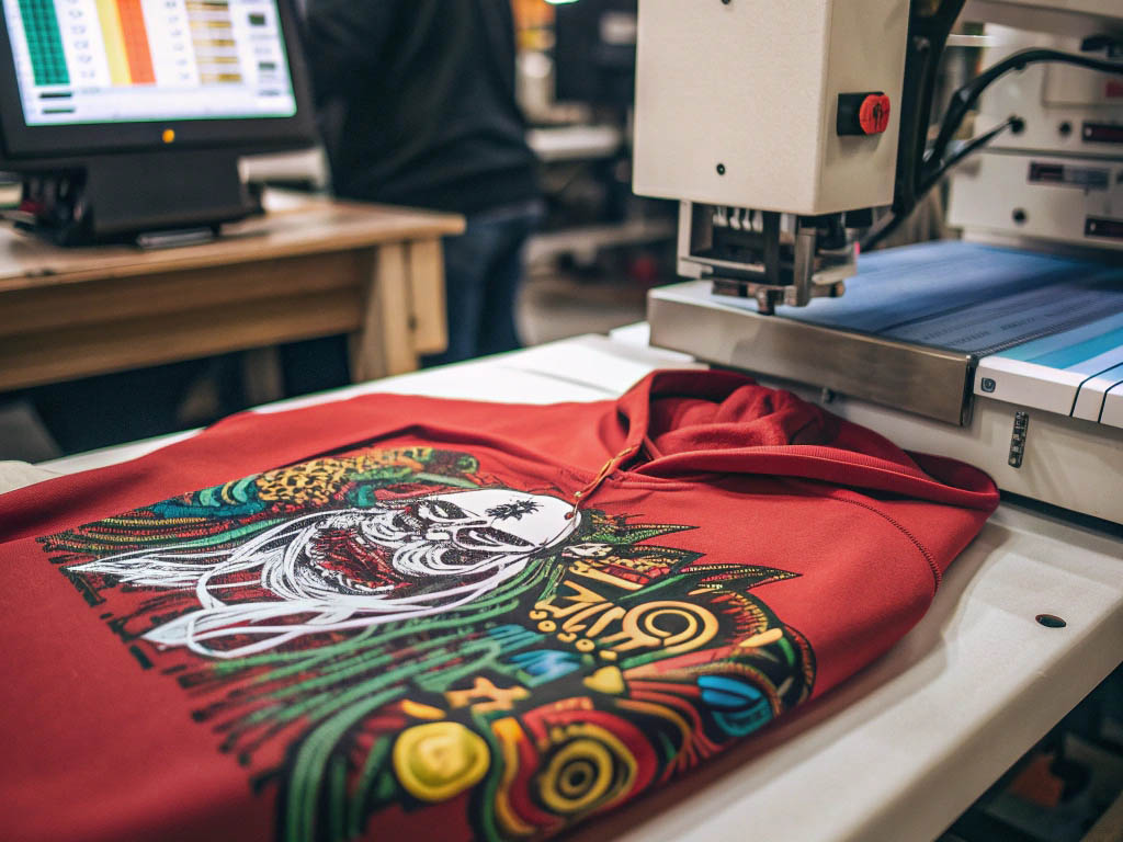 A red hoodie with a colorful, artistic design being printed using an industrial machine.