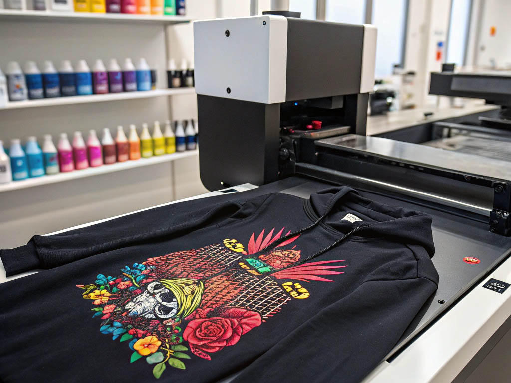 A direct-to-garment printer applying a colorful skull and floral design on a black hoodie, with ink bottles in the background.