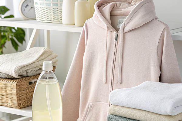 Beige sherpa hoodie with folded towels and natural detergent.