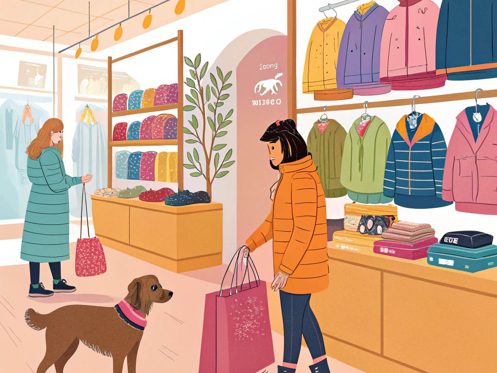 A colorful illustration of a clothing store with jackets, accessories, two women shopping, and a dog with a pink scarf.