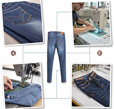 A collage showing different stages of jeans production, including stitching, embroidery, and assembling denim fabric, centered around a finished pair of jeans.
