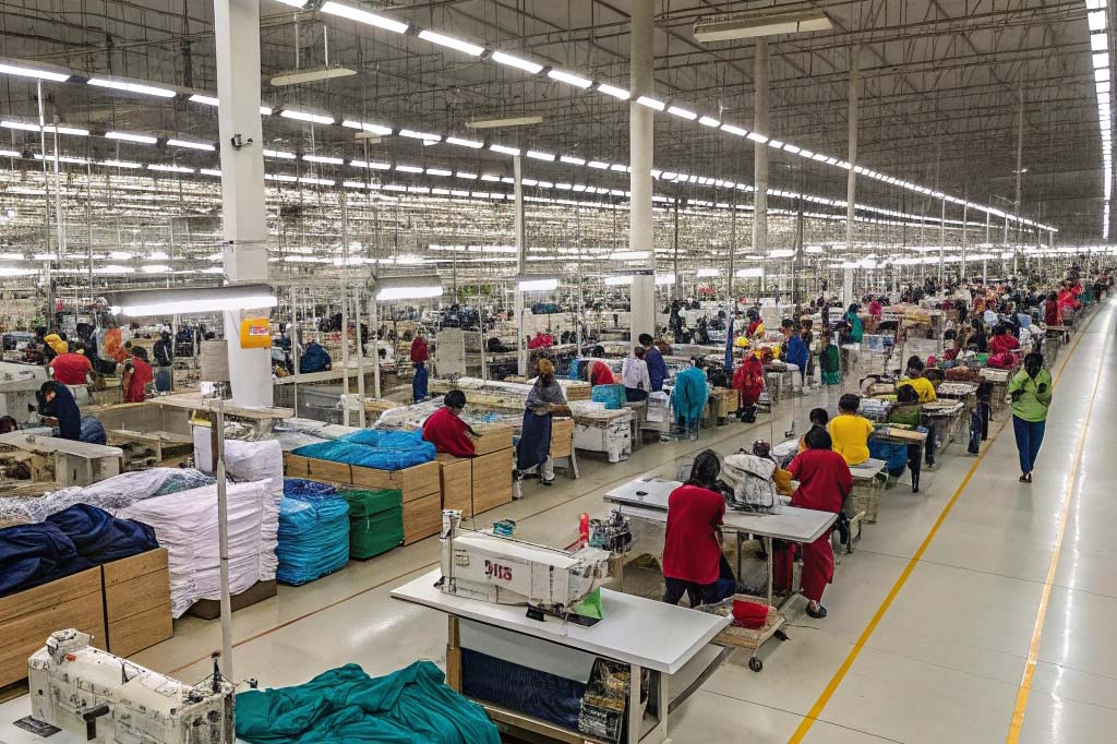 A vast garment factory with rows of workers sewing clothes under bright overhead lighting.
