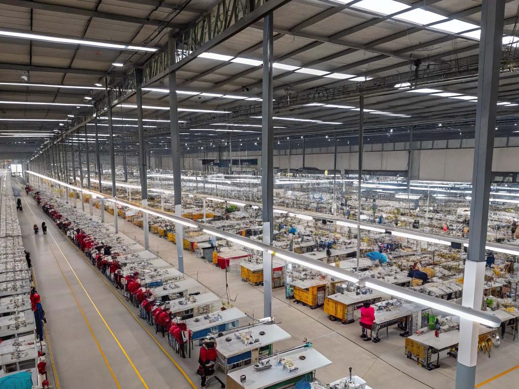 A vast textile manufacturing factory with rows of sewing stations, workers assembling garments, and bright overhead lighting.