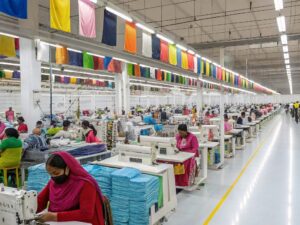 Workers sewing garments in a brightly lit textile factory with colorful flags hanging overhead.