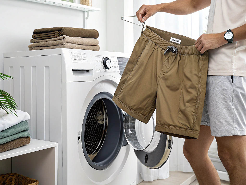 Person holding khaki shorts by washing machine in laundry room.