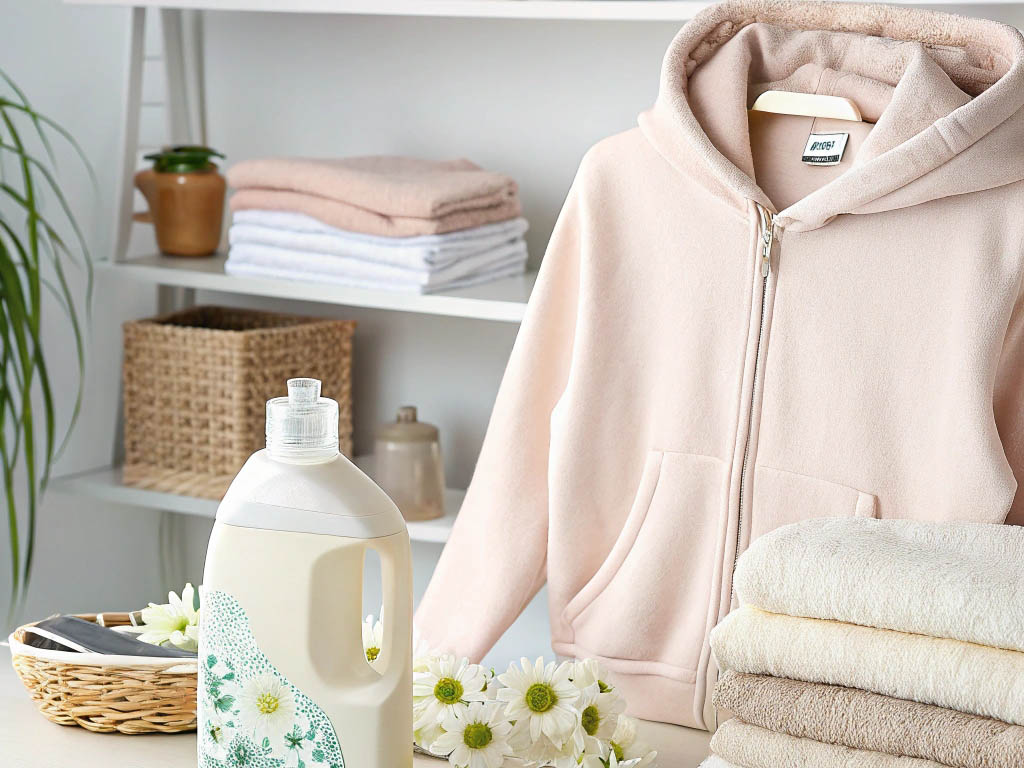 Beige sherpa hoodie with folded towels and eco-friendly detergent.
