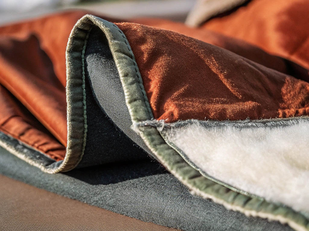 Close-up of thick, multi-layered fabric with soft fleece lining and a brown velvet exterior.