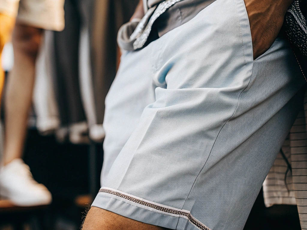Close-up of light blue shorts with decorative stitching near the hem.