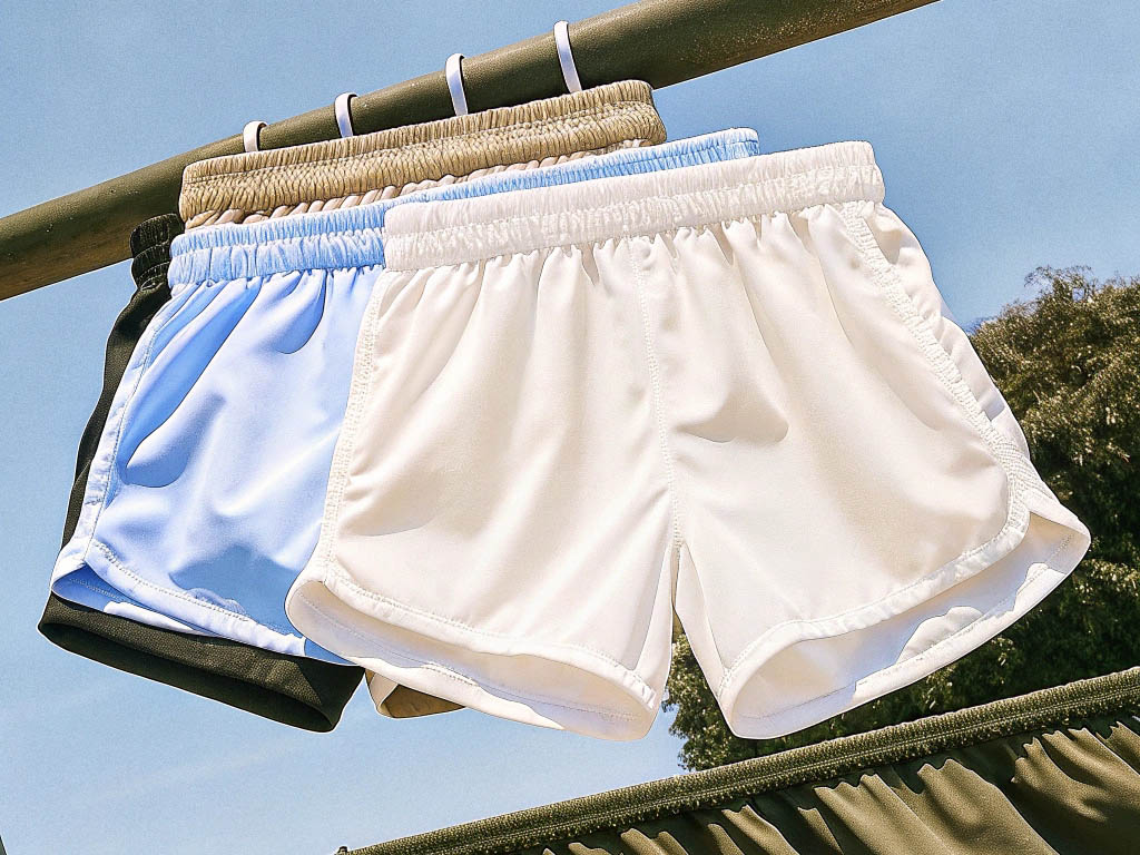 White, blue, and beige athletic shorts hanging outdoors.