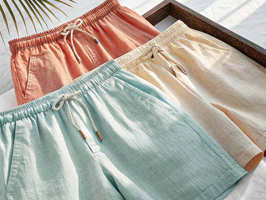 Pastel linen shorts in peach, mint, and beige with drawstrings.