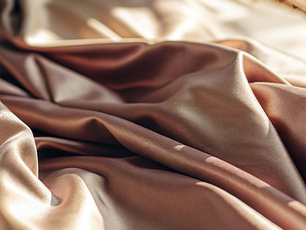 Close-up of smooth, brown satin fabric with soft folds and a lustrous sheen under warm lighting.