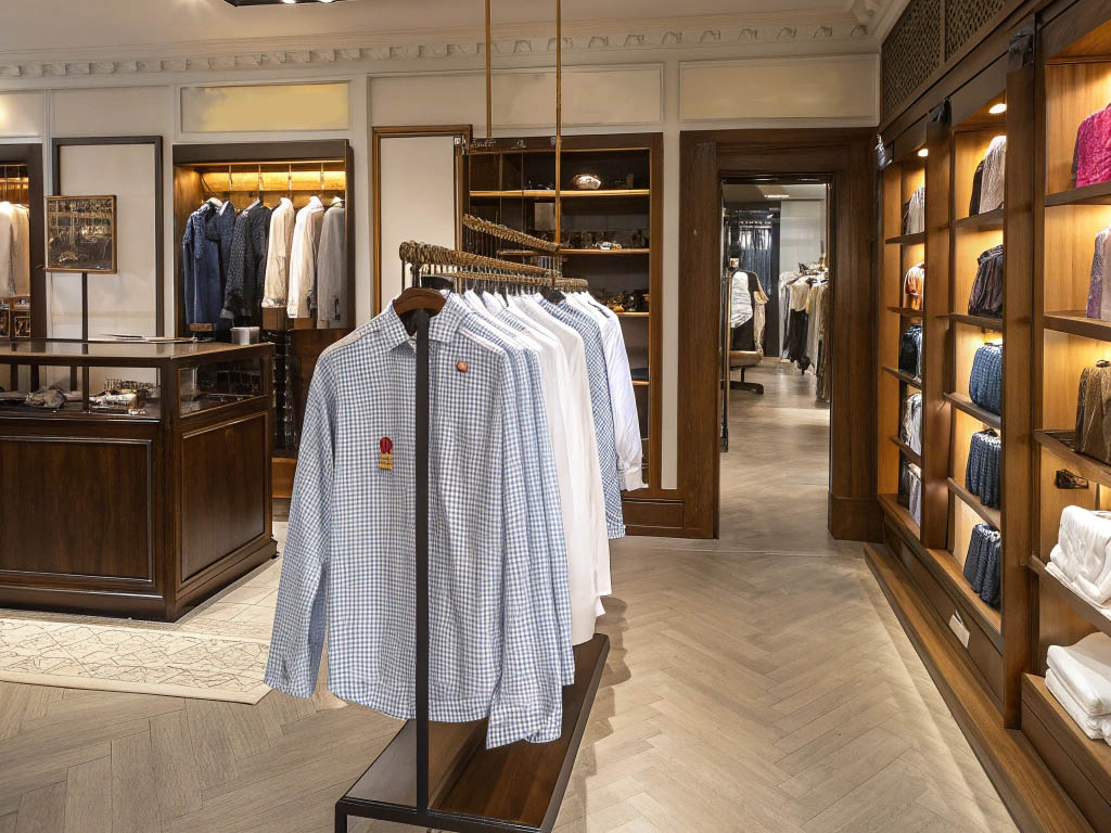 A high-end clothing boutique featuring neatly arranged shirts on racks, wooden shelves, and stylish interior decor.