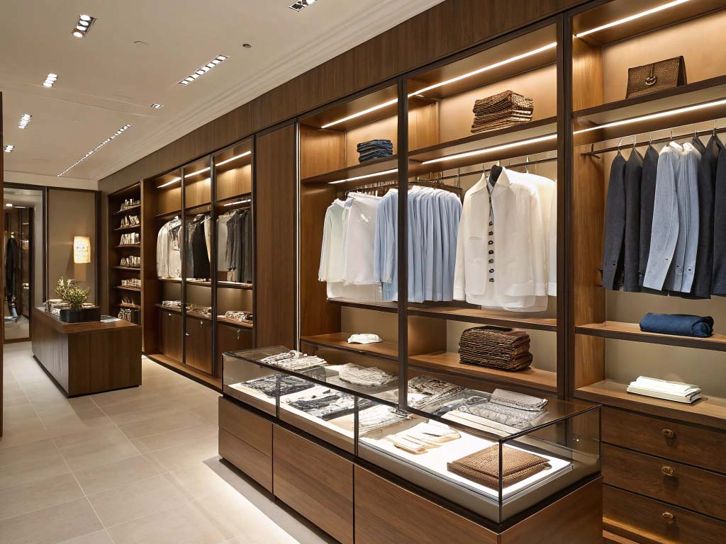 A high-end clothing boutique with neatly arranged shirts, suits, and accessories on wooden shelves and glass display cases.