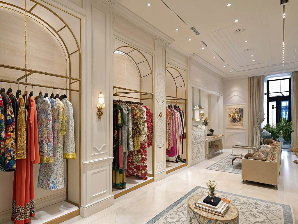 Elegant store with ornate decor and colorful designer clothing.