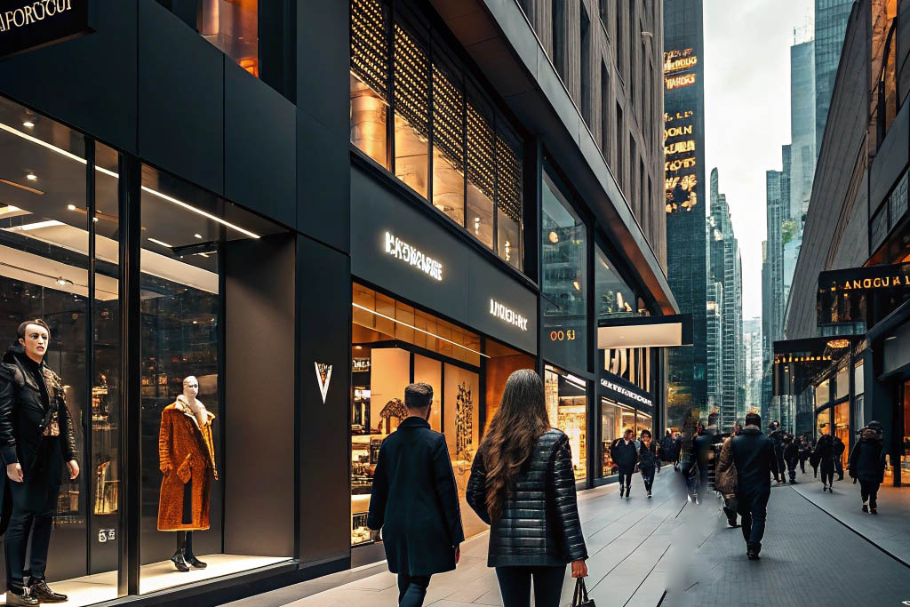 People walking past high-end fashion stores in a modern city.