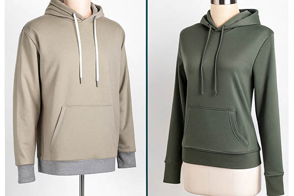 Beige and green hoodies on mannequins with drawstrings and front pockets.