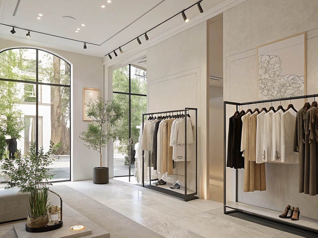 Elegant clothing store with neutral-toned apparel and natural light.