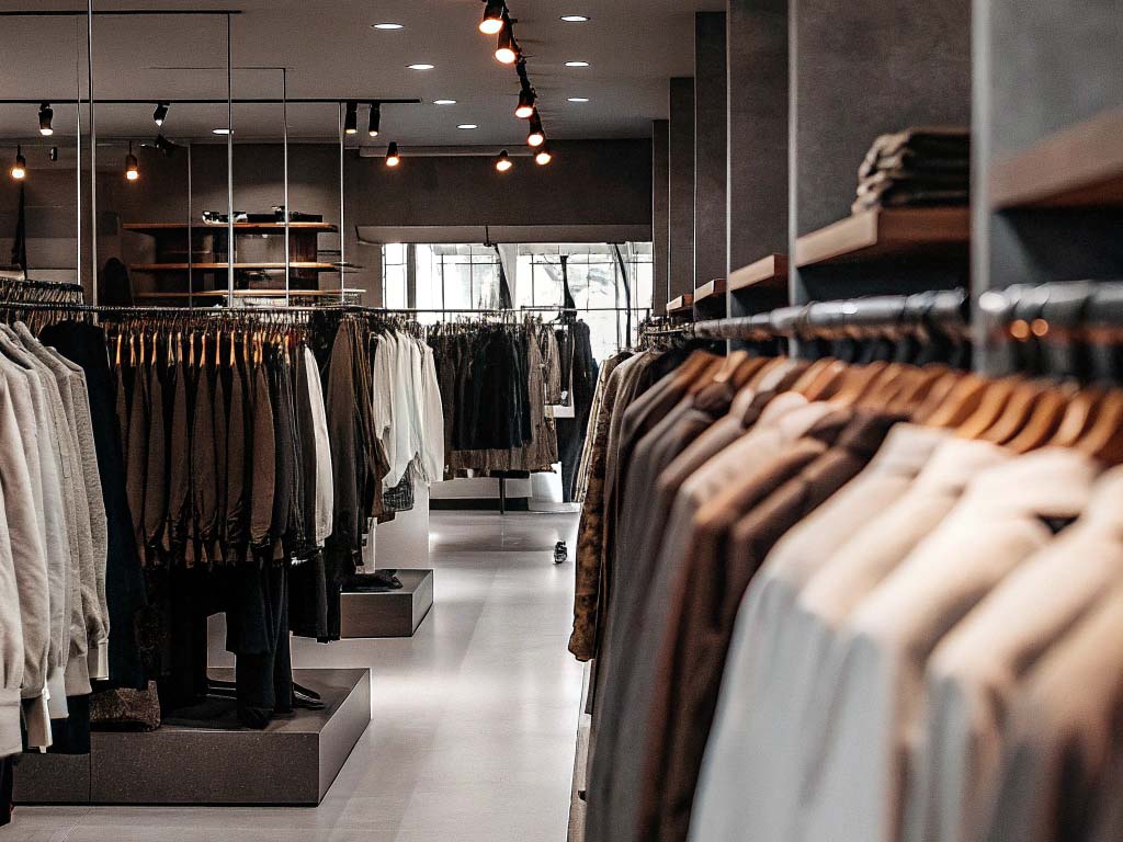 A stylish boutique with neatly arranged clothing racks, warm lighting, and contemporary interior design.