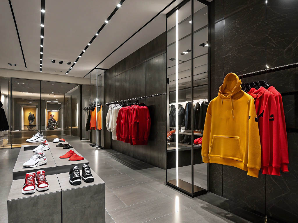 Stylish sneakers and hoodies displayed in a sleek store.