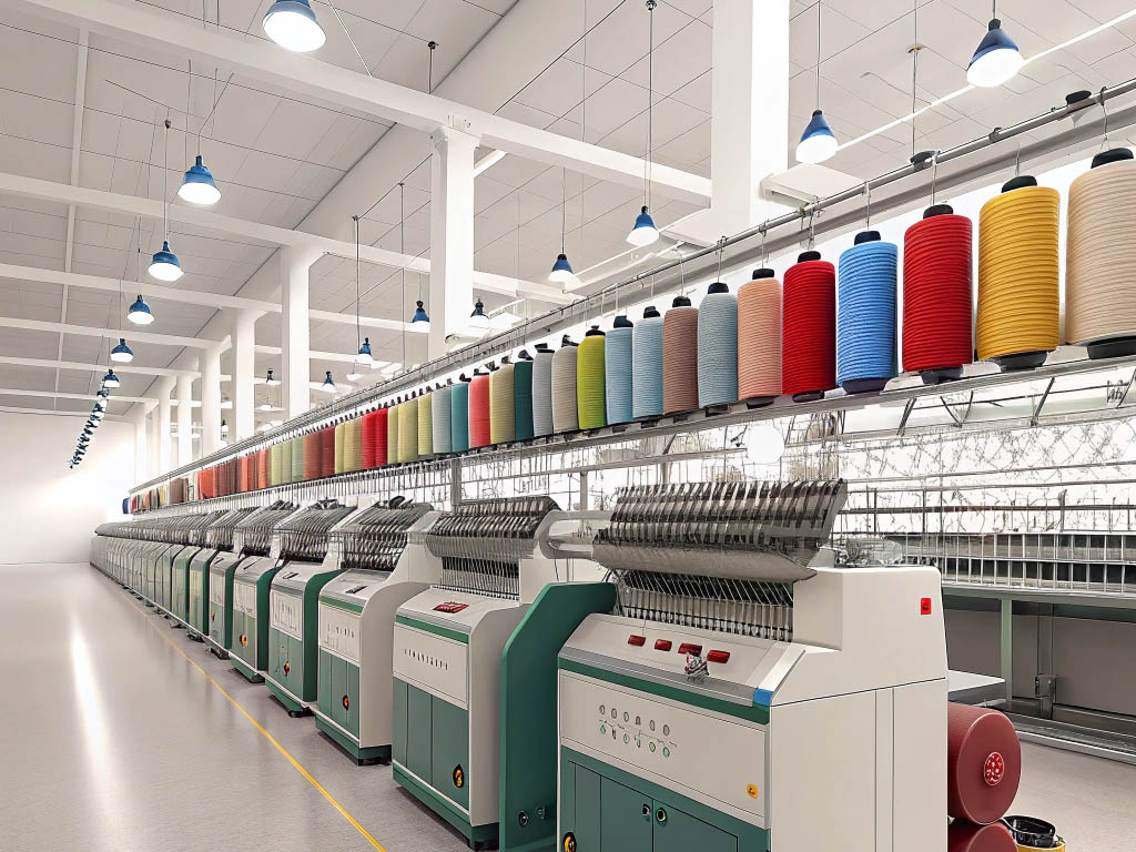 Automated knitting machines with colorful yarn spools in a factory.