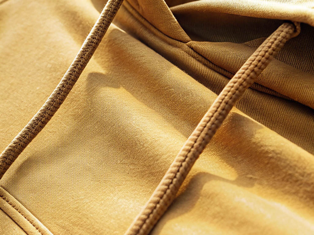 Detailed view of a mustard-yellow hoodie with textured drawstrings and soft fabric in sunlight.