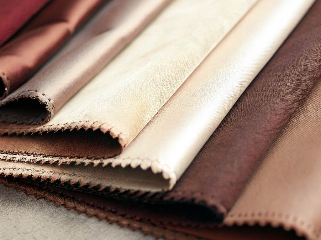 Assorted fabric samples in beige, brown, and cream tones with soft textures.