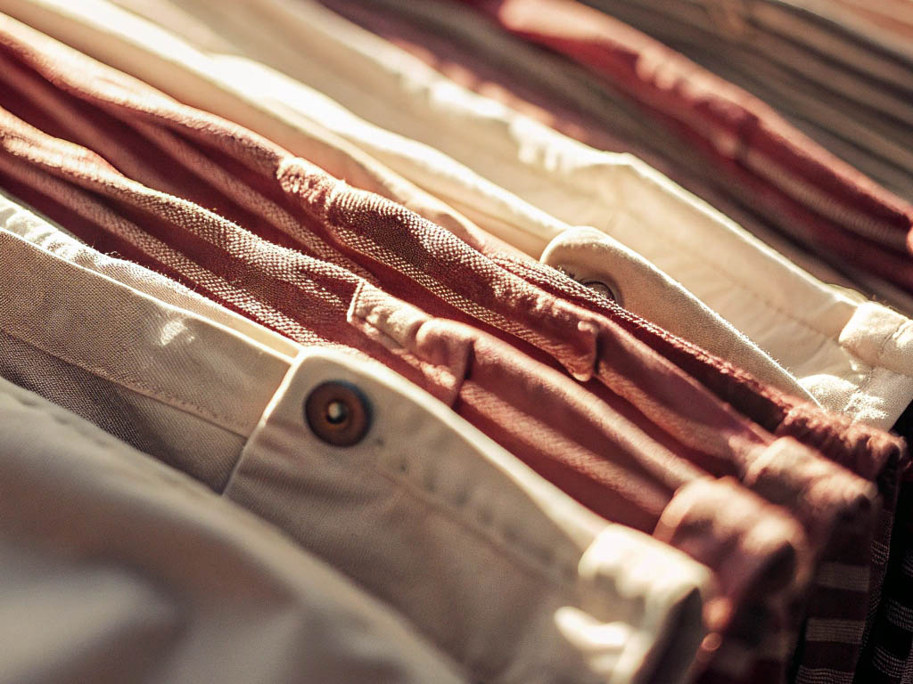 Assorted beige and brown shorts neatly stacked in rows.