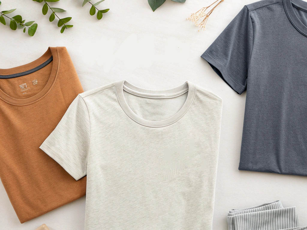 Three t-shirts in beige, brown, and gray laid flat on a white surface with green leaves for decoration.