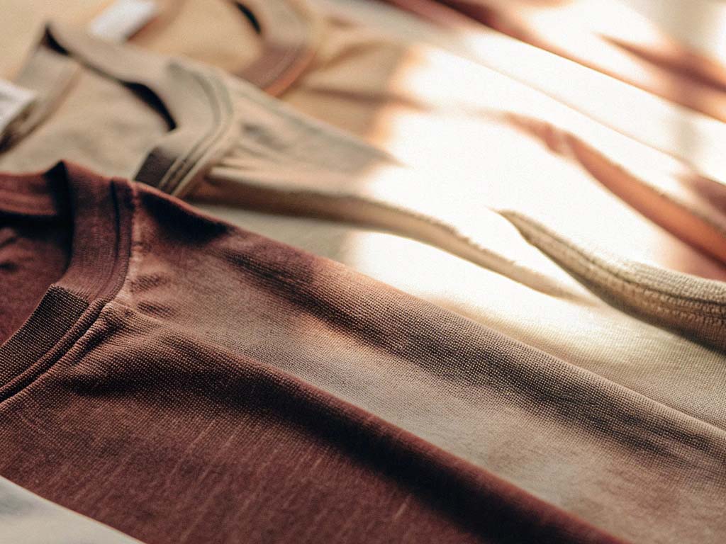 Close-up of soft, neutral-toned t-shirts in brown, beige, and cream, laid out in warm natural lighting.