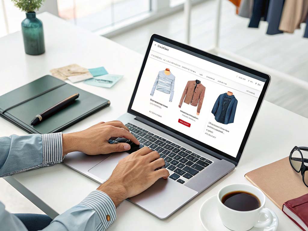 A person browsing an online fashion store on a laptop, selecting jackets and sweaters, with a coffee cup and notebook nearby.