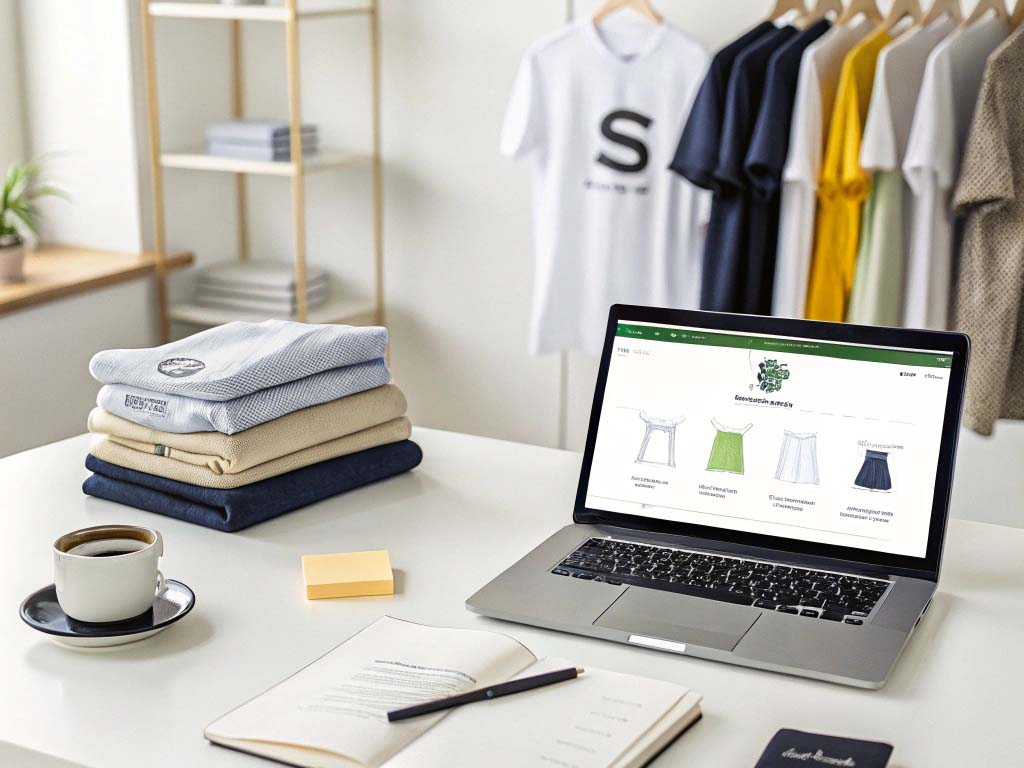 A laptop displaying an online clothing store, with neatly folded clothes, a cup of coffee, and hanging t-shirts in the background.