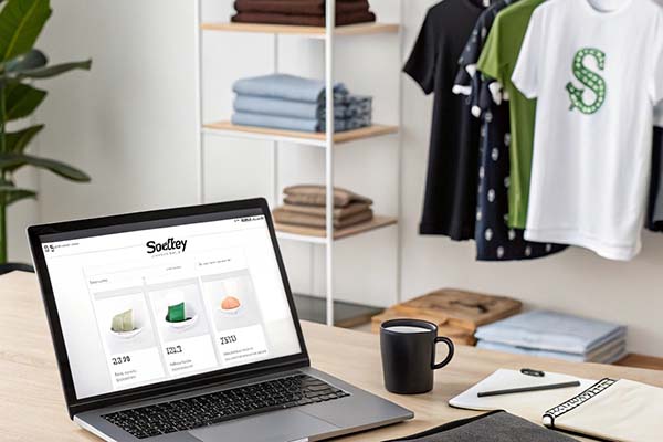 Laptop displaying an online fashion store, with clothing, accessories, and a coffee cup on a stylish workspace.