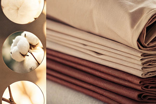 Stacked cotton sheets with raw cotton images.