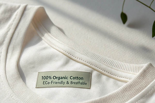 Close-up of a white organic cotton t-shirt with a label reading 