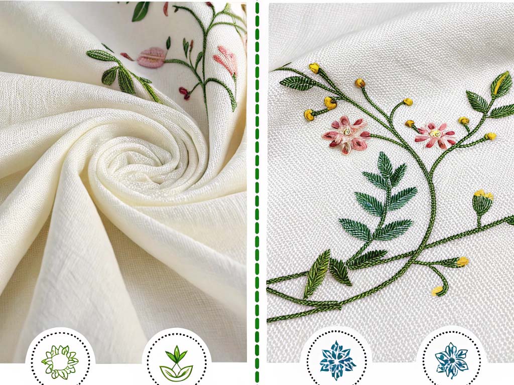 Soft organic fabric with intricate floral embroidery, showcasing eco-friendly and sustainable textile design.