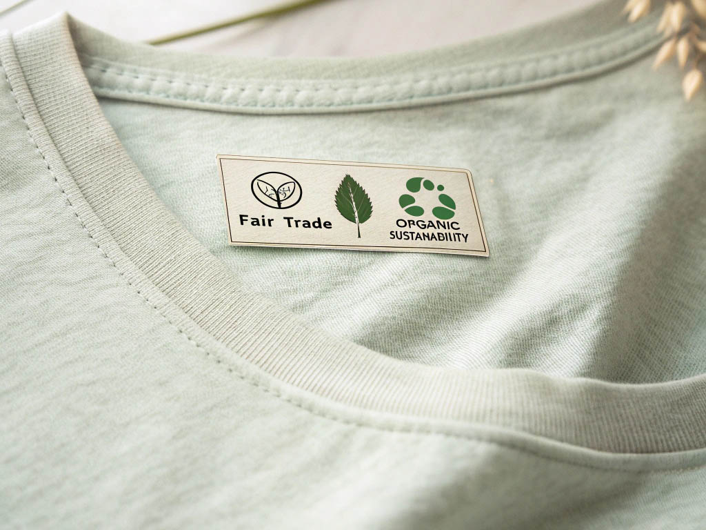 Light green organic cotton t-shirt with a fair trade and sustainability label.