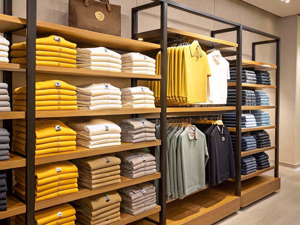 Shelves neatly stacked with folded shirts and hanging apparel in a retail clothing store.